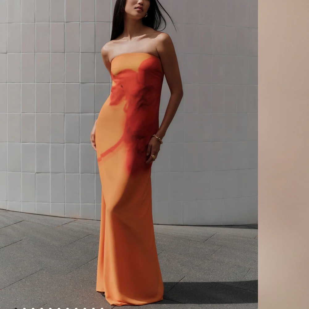 Meshki Strapless Dress in Fiery Orange and Red